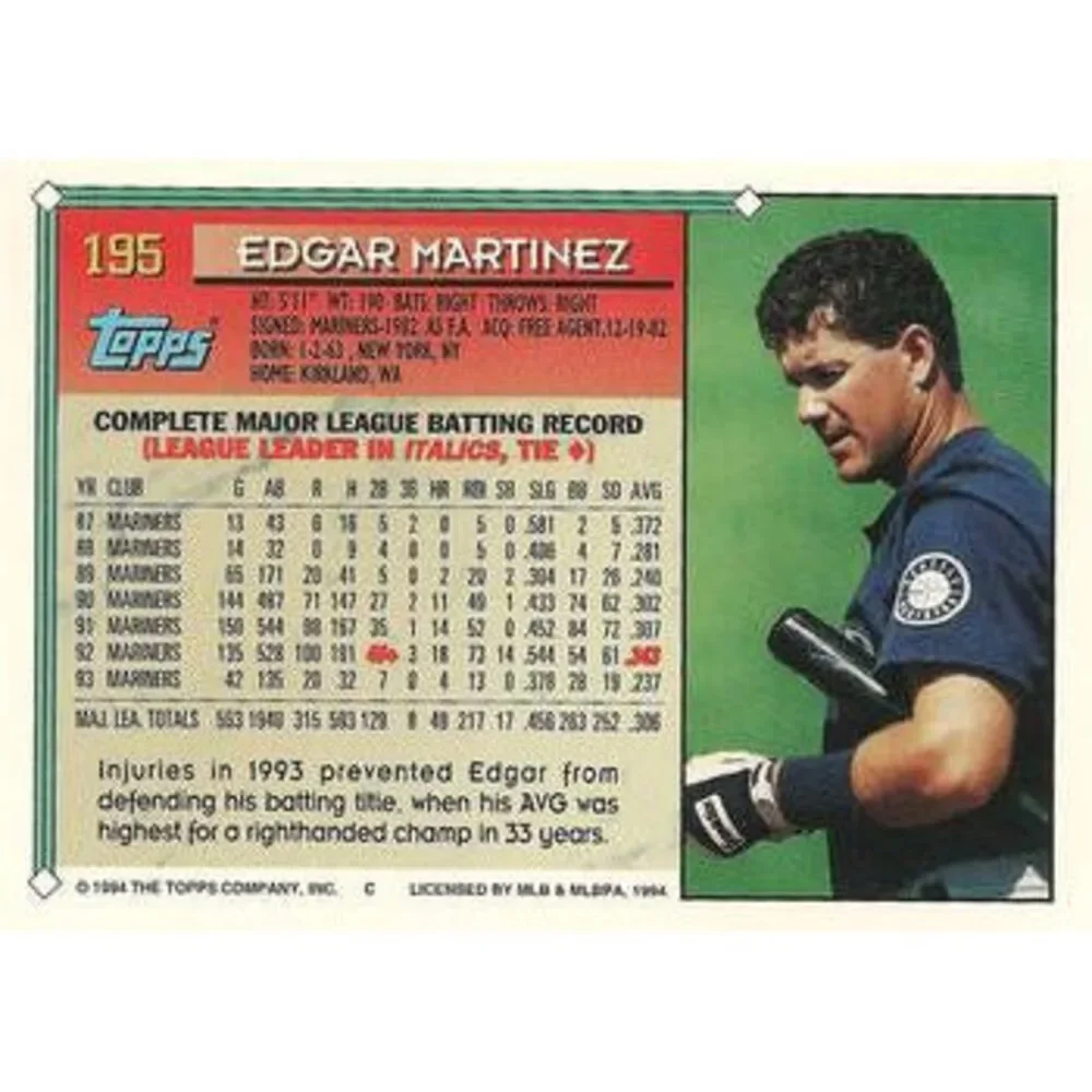 1994 Topps Edgar Martinez # 195 Seattle Mariners